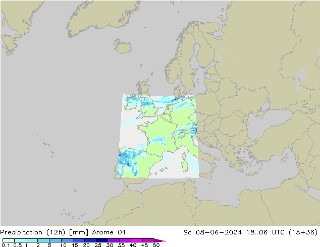 Precipitazione (12h) Arome 01 sab 08.06.2024 06 UTC