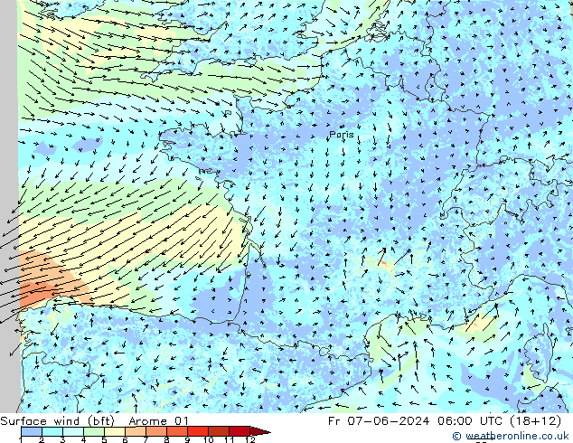 Bodenwind (bft) Arome 01 Fr 07.06.2024 06 UTC