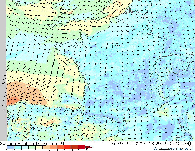 Wind 10 m (bft) Arome 01 vr 07.06.2024 18 UTC