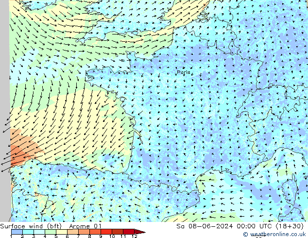 Surface wind (bft) Arome 01 Sa 08.06.2024 00 UTC