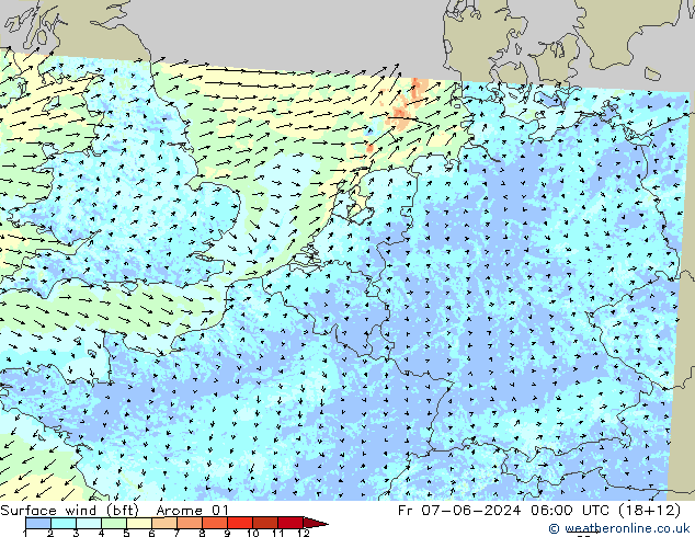 Surface wind (bft) Arome 01 Fr 07.06.2024 06 UTC