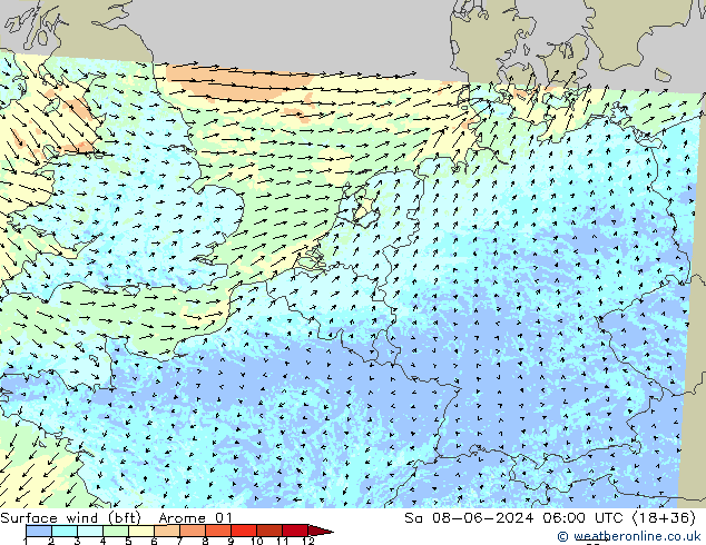 Bodenwind (bft) Arome 01 Sa 08.06.2024 06 UTC