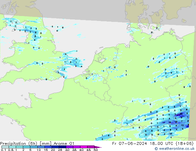 Precipitação (6h) Arome 01 Sex 07.06.2024 00 UTC