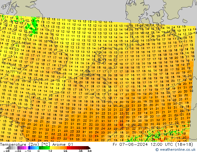 Temperature (2m) Arome 01 Pá 07.06.2024 12 UTC