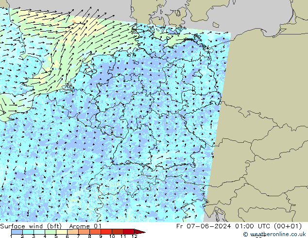 Vent 10 m (bft) Arome 01 ven 07.06.2024 01 UTC