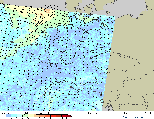 wiatr 10 m (bft) Arome 01 pt. 07.06.2024 03 UTC