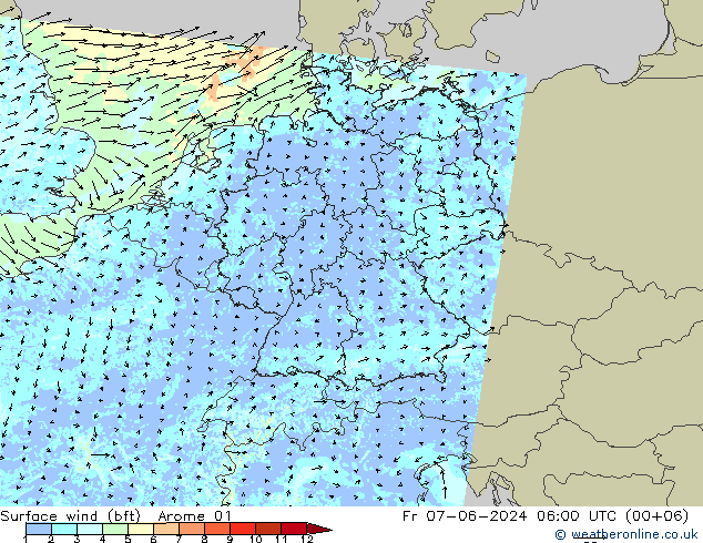 Viento 10 m (bft) Arome 01 vie 07.06.2024 06 UTC