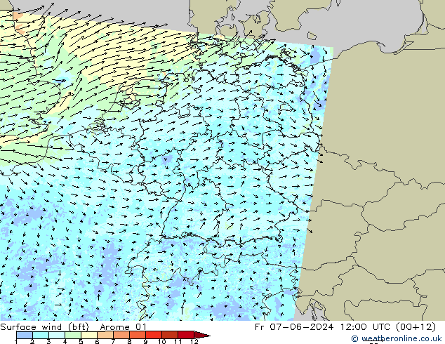 Surface wind (bft) Arome 01 Pá 07.06.2024 12 UTC