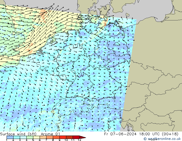  10 m (bft) Arome 01  07.06.2024 18 UTC