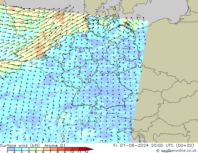 Surface wind (bft) Arome 01 Fr 07.06.2024 20 UTC