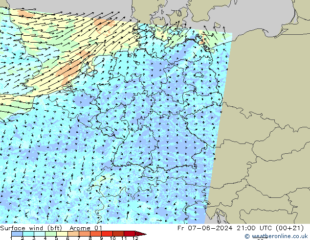 Wind 10 m (bft) Arome 01 vr 07.06.2024 21 UTC