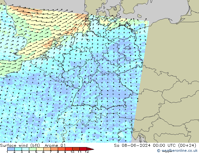 wiatr 10 m (bft) Arome 01 so. 08.06.2024 00 UTC