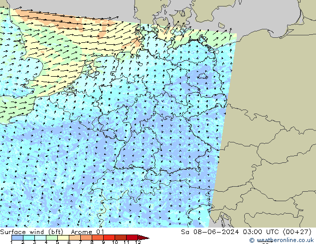  10 m (bft) Arome 01  08.06.2024 03 UTC