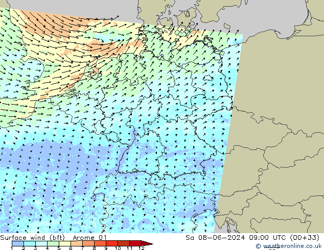 Vento 10 m (bft) Arome 01 Sáb 08.06.2024 09 UTC