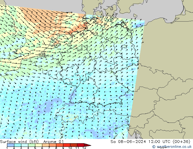 Wind 10 m (bft) Arome 01 za 08.06.2024 12 UTC