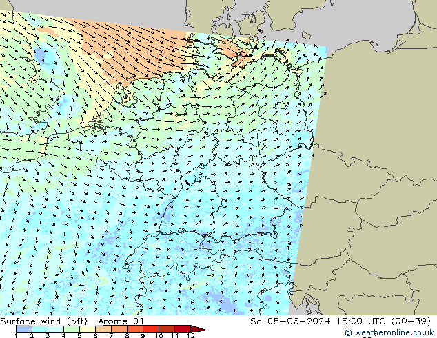 Surface wind (bft) Arome 01 So 08.06.2024 15 UTC