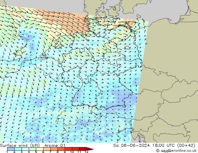 Wind 10 m (bft) Arome 01 za 08.06.2024 18 UTC