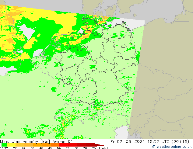 Max. wind snelheid Arome 01 vr 07.06.2024 15 UTC