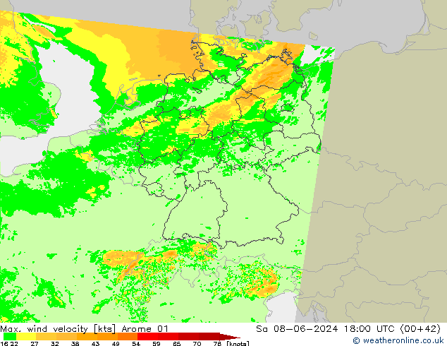 Max. wind velocity Arome 01  08.06.2024 18 UTC