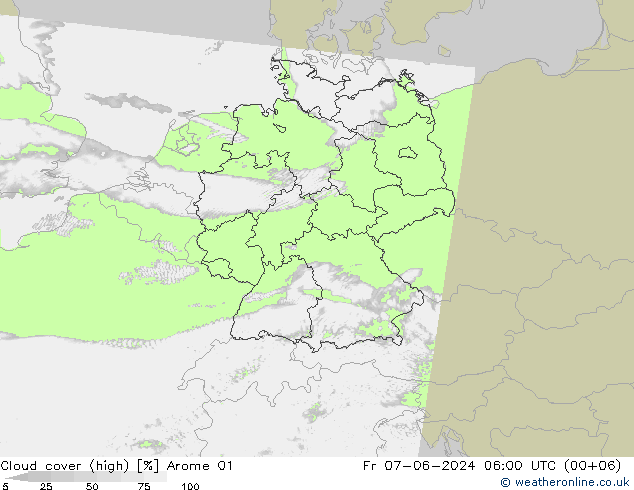 Cloud cover (high) Arome 01 Fr 07.06.2024 06 UTC