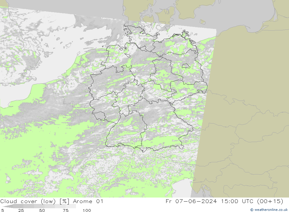 Cloud cover (low) Arome 01 Fr 07.06.2024 15 UTC