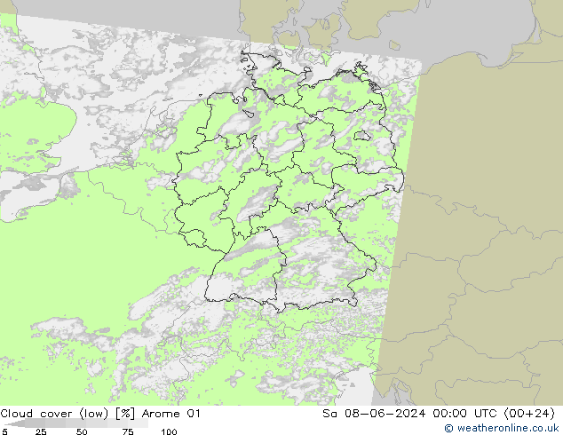 Bewolking (Laag) Arome 01 za 08.06.2024 00 UTC