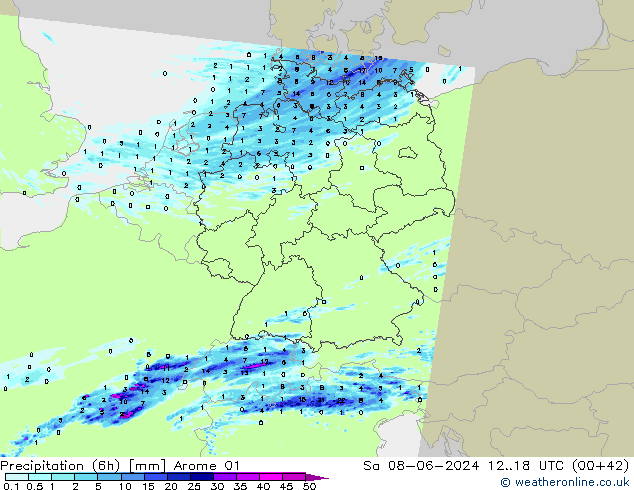 Précipitation (6h) Arome 01 sam 08.06.2024 18 UTC