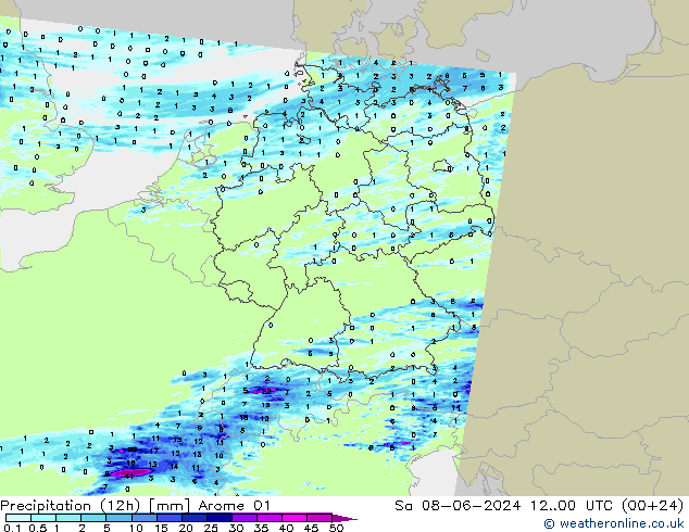 Precipitation (12h) Arome 01 Sa 08.06.2024 00 UTC