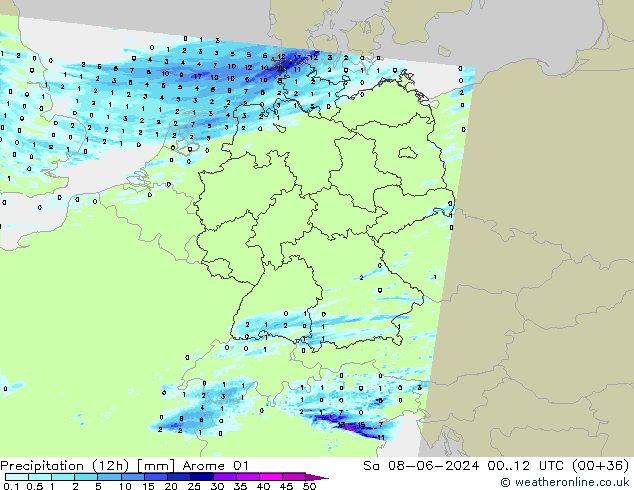 Precipitazione (12h) Arome 01 sab 08.06.2024 12 UTC