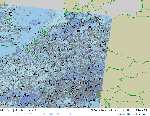 RH 2m Arome 01 Fr 07.06.2024 21 UTC