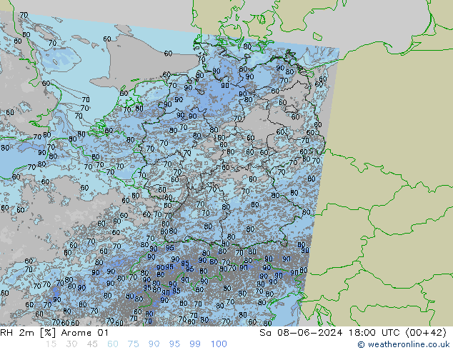 RH 2m Arome 01 so. 08.06.2024 18 UTC