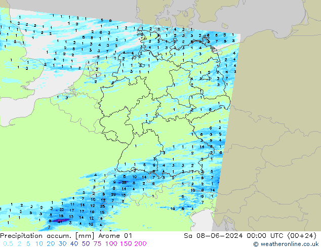 Precipitation accum. Arome 01 Sa 08.06.2024 00 UTC