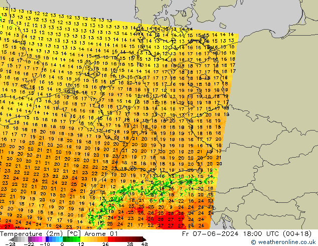 Temperatura (2m) Arome 01 vie 07.06.2024 18 UTC