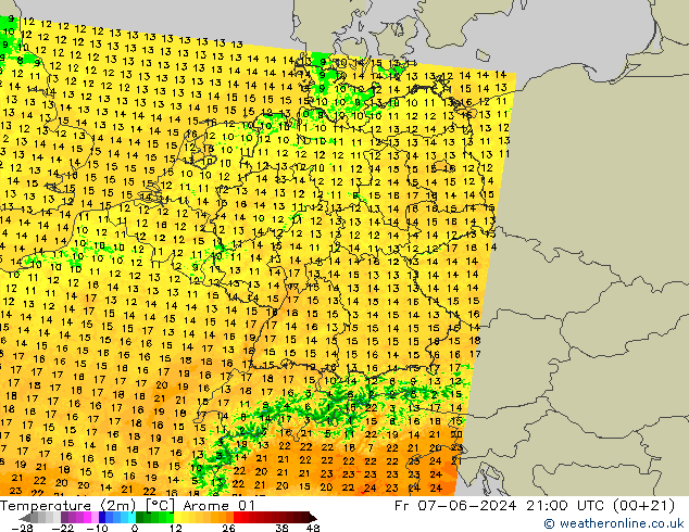 Temperatura (2m) Arome 01 Sex 07.06.2024 21 UTC