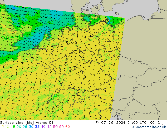 Rüzgar 10 m Arome 01 Cu 07.06.2024 21 UTC