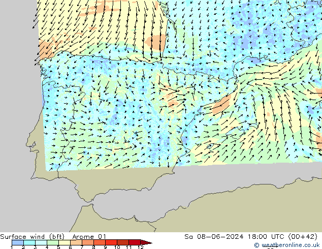 Wind 10 m (bft) Arome 01 za 08.06.2024 18 UTC