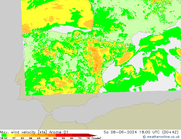 Max. wind velocity Arome 01 Sa 08.06.2024 18 UTC