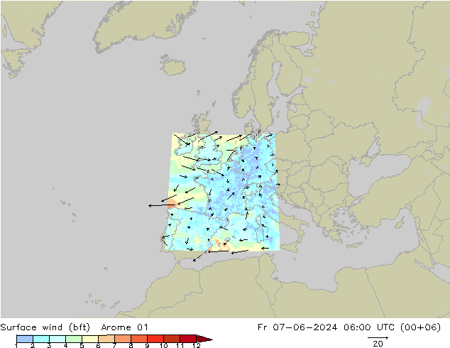 �N 10 米 (bft) Arome 01 星期五 07.06.2024 06 UTC