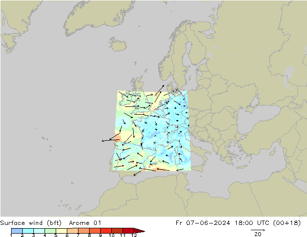 Wind 10 m (bft) Arome 01 vr 07.06.2024 18 UTC