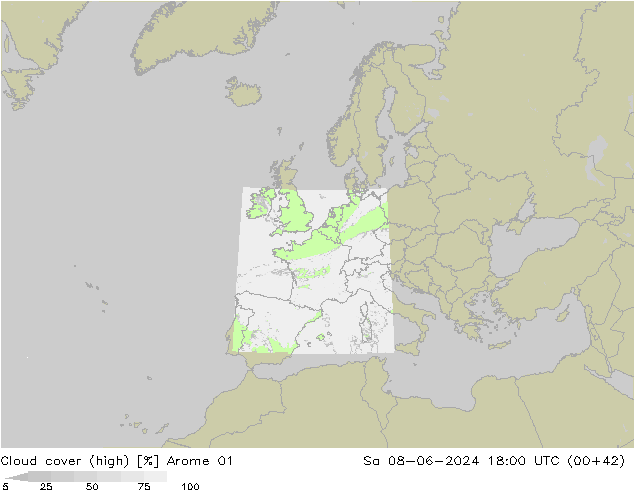 Cloud cover (high) Arome 01 Sa 08.06.2024 18 UTC