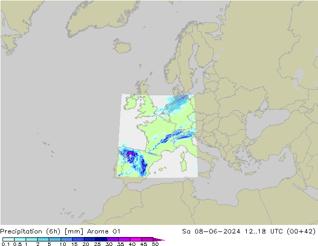 осадки (6h) Arome 01 сб 08.06.2024 18 UTC