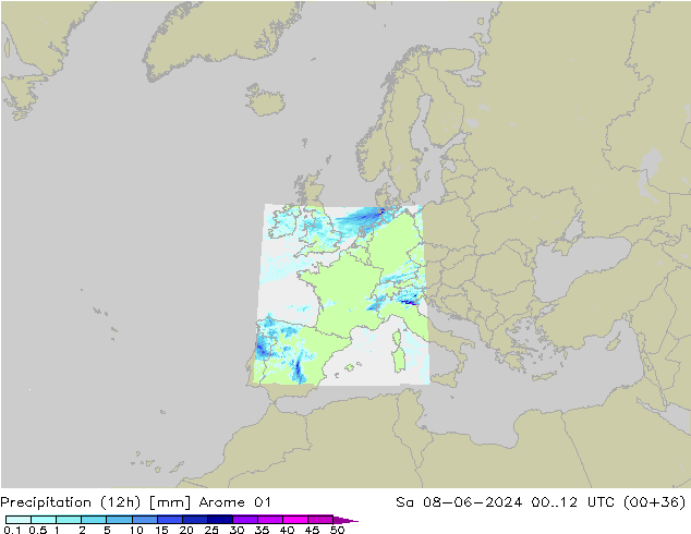 Précipitation (12h) Arome 01 sam 08.06.2024 12 UTC