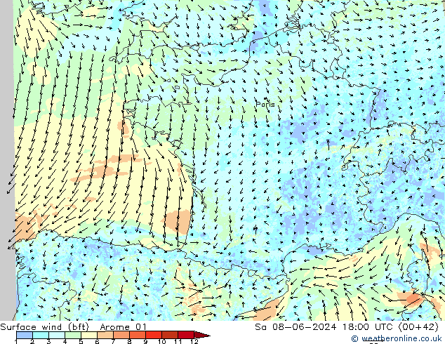 Surface wind (bft) Arome 01 Sa 08.06.2024 18 UTC