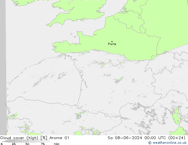 Cloud cover (high) Arome 01 Sa 08.06.2024 00 UTC