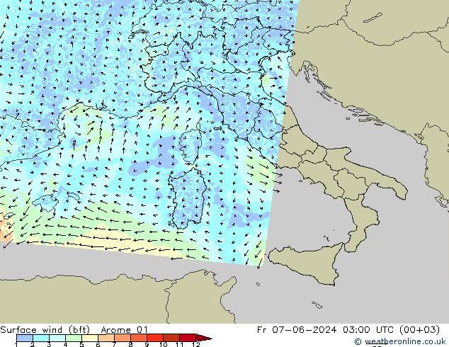 Vento 10 m (bft) Arome 01 ven 07.06.2024 03 UTC