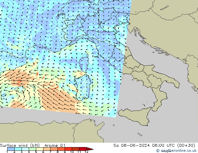 Surface wind (bft) Arome 01 So 08.06.2024 06 UTC