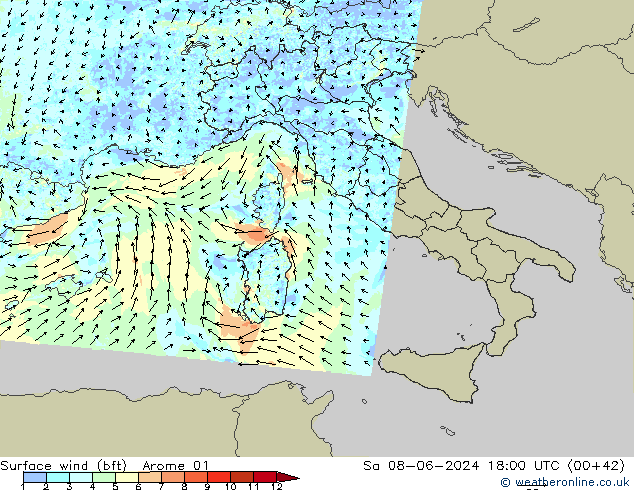 Surface wind (bft) Arome 01 Sa 08.06.2024 18 UTC