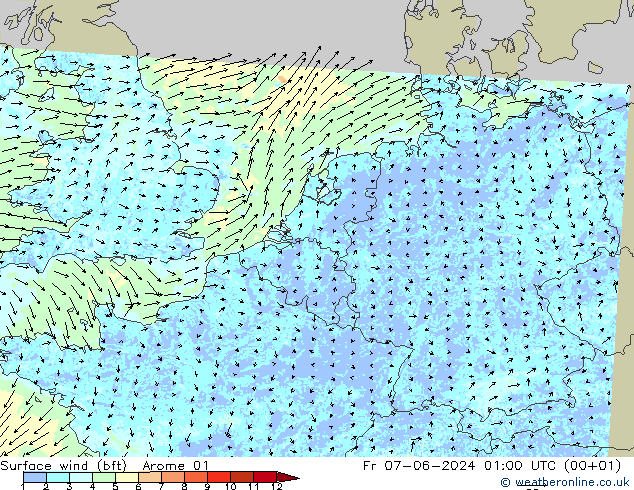 Bodenwind (bft) Arome 01 Fr 07.06.2024 01 UTC