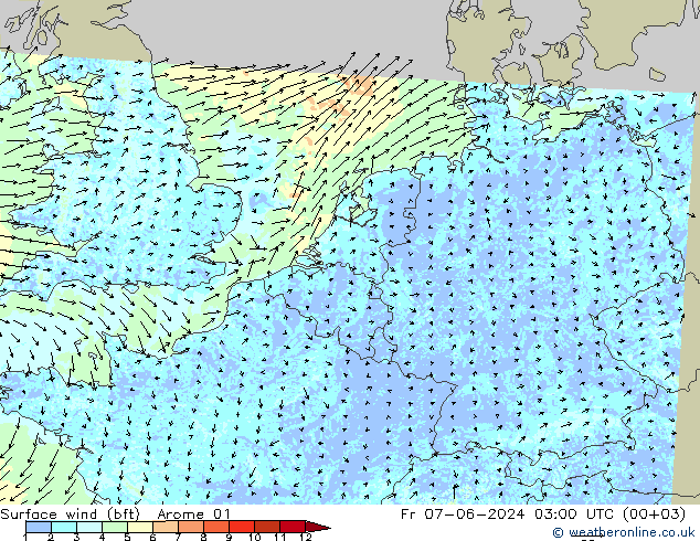 Bodenwind (bft) Arome 01 Fr 07.06.2024 03 UTC