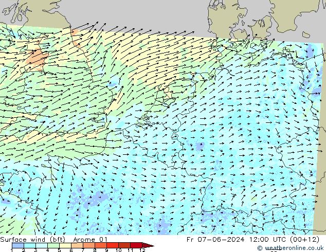 Wind 10 m (bft) Arome 01 vr 07.06.2024 12 UTC